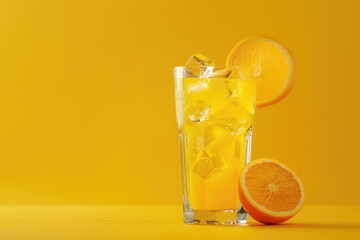 Iced Orange Drink with Slices on a Yellow Background