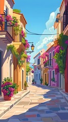 A colorful street in Greece with beautiful buildings and flower pots on the balconies, a sunny day, in the style of a cartoon