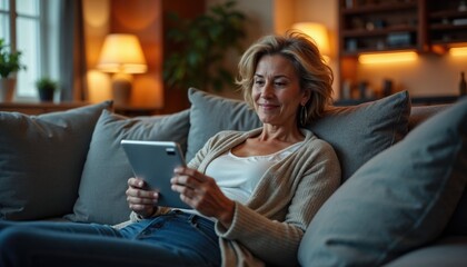 Obraz premium Modern Digital Lifestyle: Mature Woman's Relaxing Evening with Tablet Technology