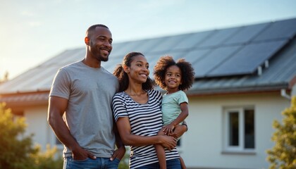 Modern Eco-Conscious Family: African American Household with Solar Energy Home