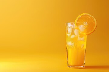 A Glass of Orange Juice with Ice and a Slice of Orange on a Yellow Background
