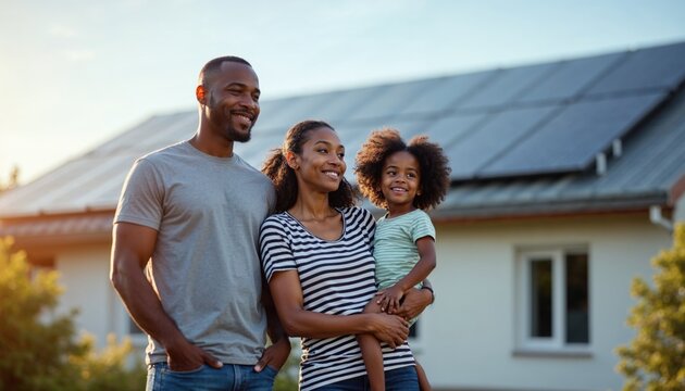 Modern Eco-Conscious Family: African American Household with Solar Energy Home - Powered by Adobe
