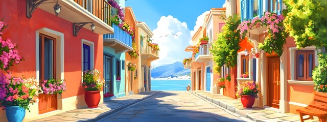 A colorful street in Greece with beautiful buildings and flower pots on the balconies, a sunny day, in the style of a cartoon