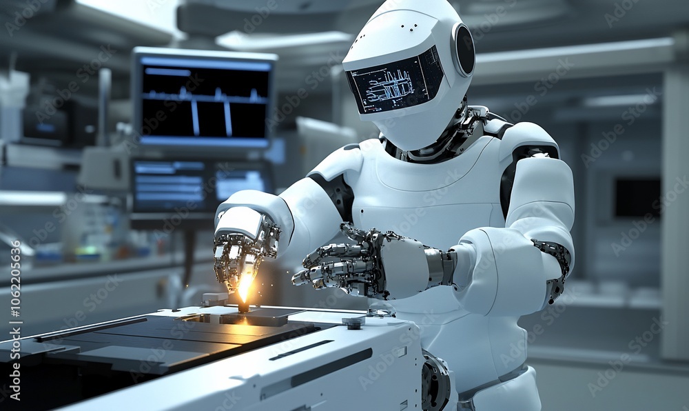 Aufkleber a white humanoid robot with a futuristic design is working in a high-tech laboratory, manipulating a