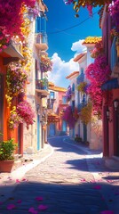 A colorful street in Greece with beautiful buildings and flower pots on the balconies, a sunny day, in the style of a cartoon