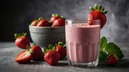 Creamy Strawberry Smoothie with Ripe Strawberries on a Rustic Background