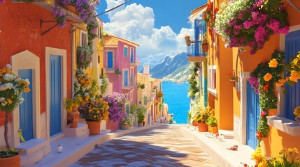 A colorful street in Greece with beautiful buildings and flower pots on the balconies, a sunny day, in the style of a cartoon