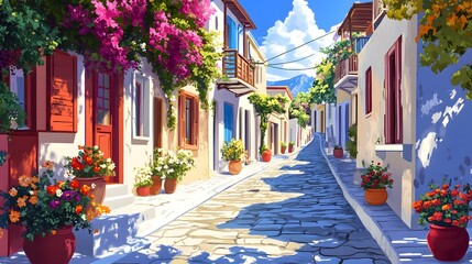 A colorful street in Greece with beautiful buildings and flower pots on the balconies, a sunny day, in the style of a cartoon