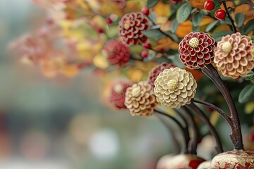 Charming vintage tree toppers in a festive display, warm autumn colors, inviting atmosphere with gentle shadows highlighting intricate features.
