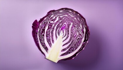Obraz premium Intricate Purple Cabbage Cross Section on Pastel Background. Detailed Texture and Symmetry Highlighting Organic Freshness, Nutrient Rich Beauty, and Culinary Inspiration for Healthy Living