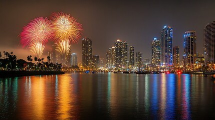 Fototapeta premium A vibrant, colorful fireworks over a city skyline with a clear area for text 