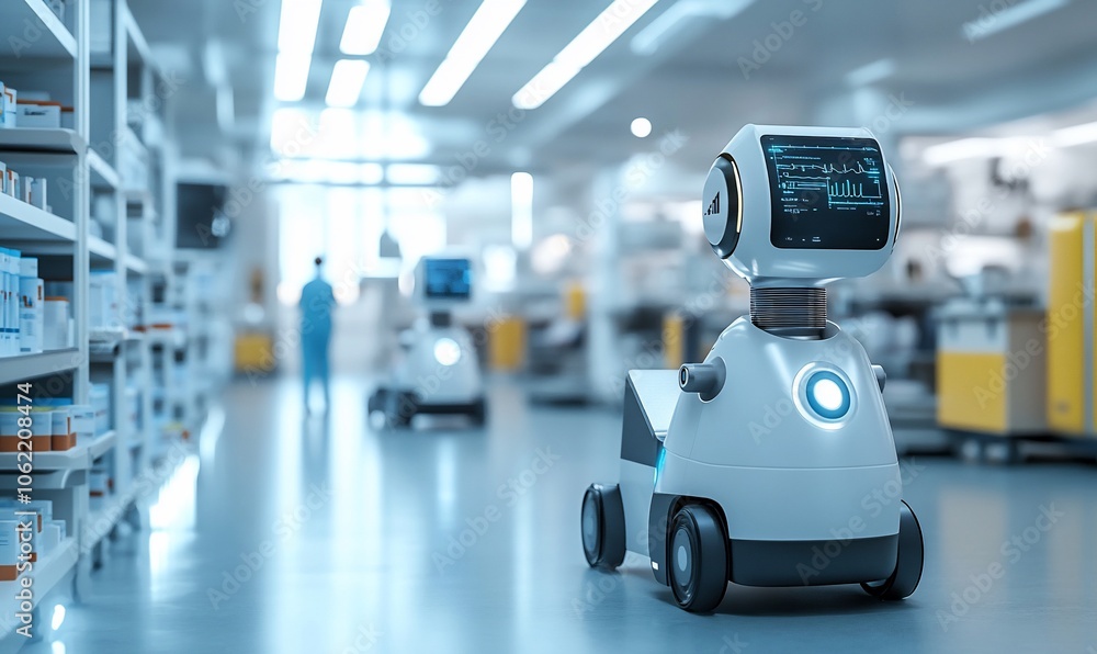 Poster a white robot with a screen displaying a graph in a futuristic medical warehouse, with other robots 