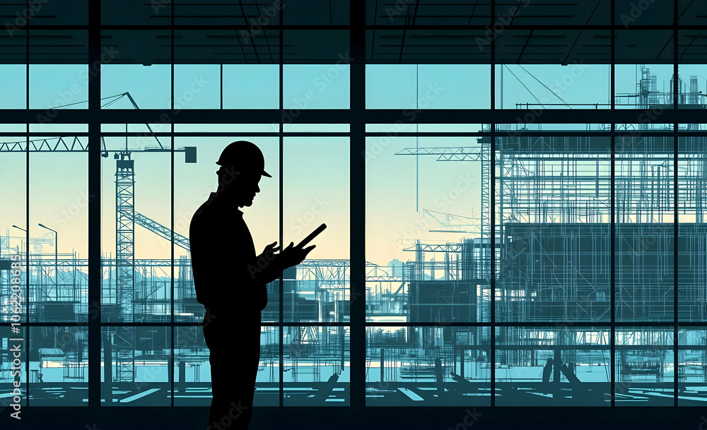 Poster silhouette of a worker using a tablet against a construction backdrop. ai image