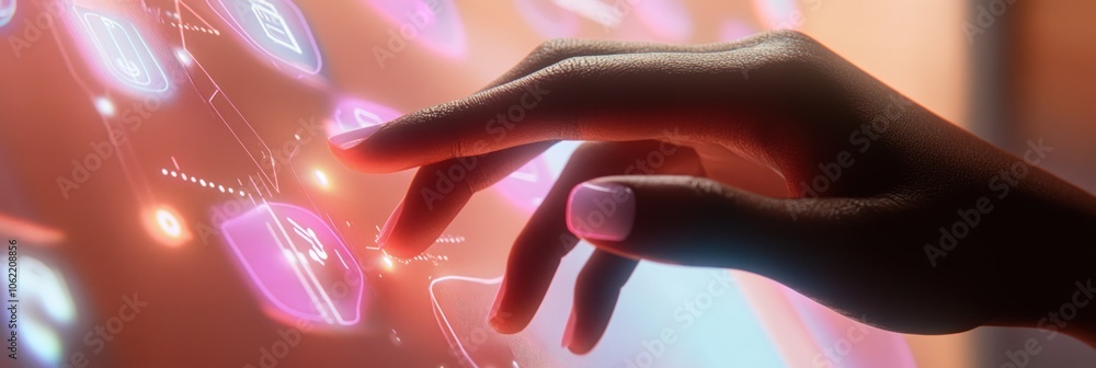 Aufkleber hand interacting with a futuristic interface with glowing buttons.