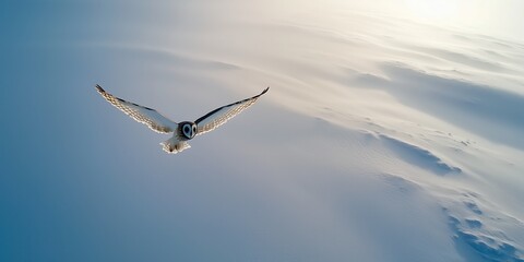 Obraz premium A short-eared owl hunting over a snowy moorland in winter
