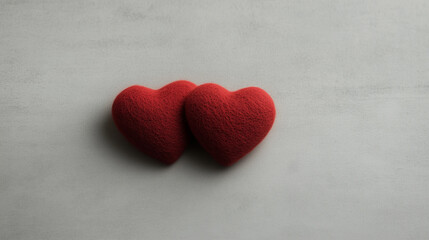 Fototapeta premium Two red hearts are sitting on a grey surface