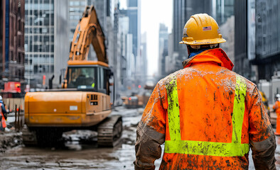 A construction worker observes heavy machinery at a city site, highlighting urban development. AI Image