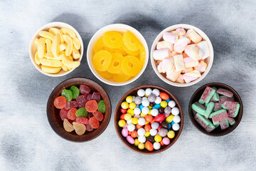 Mix of colorful candies . Top view