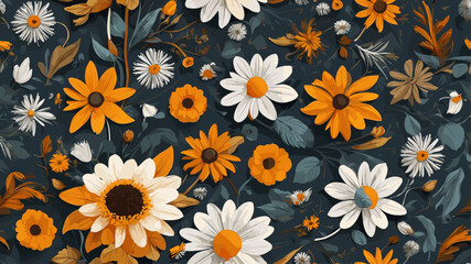 Seamless pattern of sunflowers, daisies, and dandelions with dark background. Ideal for textiles, wallpapers, and decor.