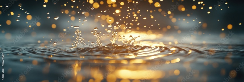 Poster water droplet creates a splash in a pool with bokeh lights.