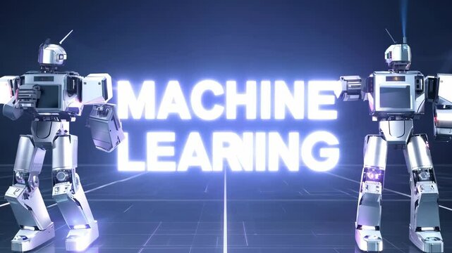 Two robots standing next to each other with the words Machine Learning written in bold letters. The robots are silver and appear to be futuristic in design. Concept of innovation and progress