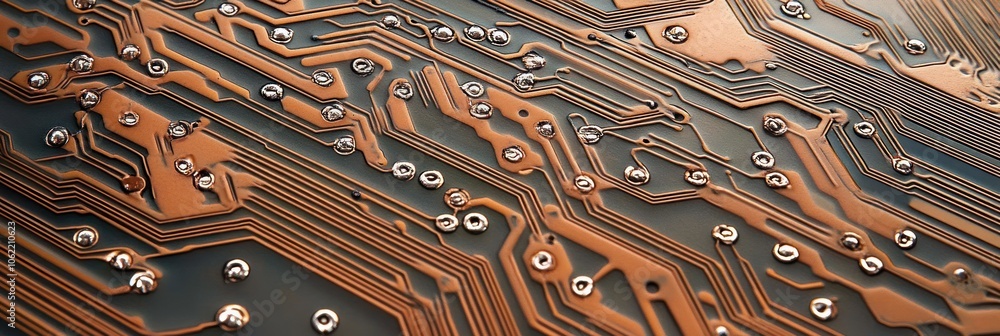 Poster close-up of a circuit board with intricate copper wiring and solder points.