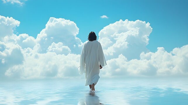 Jesus walking on water, wearing a white robe with dark hair, against a background of clouds, in a still shot from a movie scene.