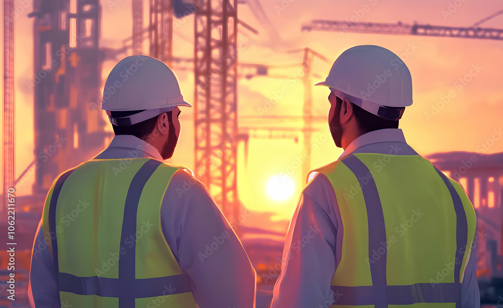 Poster two construction workers observe a sunset over a building site, symbolizing hard work and progress. 