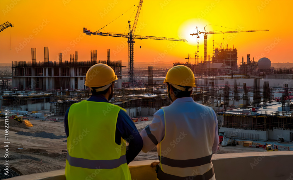 Poster two construction workers observe a sunset over an active building site with cranes. ai image