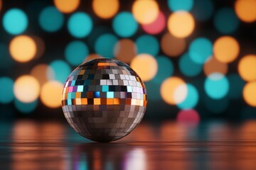 Disco Ball Sphere Against Vibrant Lights, Dark Background; Colorful Palette 