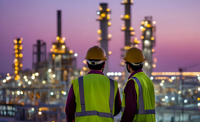 Obraz premium Two workers in safety gear observe an industrial facility at dusk. AI Image