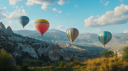 Fototapeta premium A vibrant, colorful hot air balloons floating above a scenic landscape with a clear area for text 