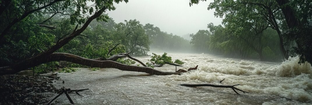 A flooded river with a fallen tree in the foreground and misty trees in the background.