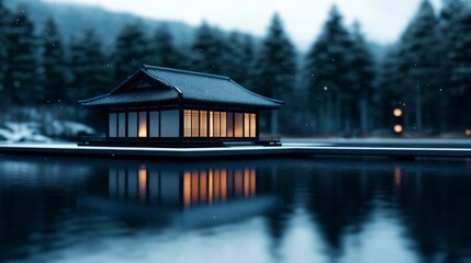 Fototapeta premium Japanese temple architecture outdoors; tranquil natural setting, earthy tones, winter time 