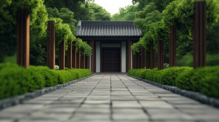 Japanese temple architecture outdoors; tranquil natural setting, earthy tones 