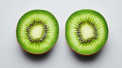 Kiwi fruit halves, vibrant green, tiny seeds; use natural palette 