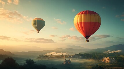 Obraz premium A vibrant, colorful hot air balloons over a mountain landscape with a clear area for text