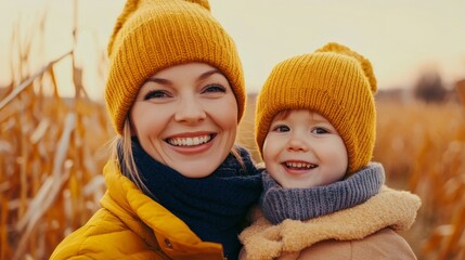 Obraz premium Mother and child laughing in autumn corn maze adventure; warm palette 