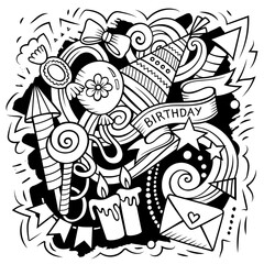 Happy Birthday vector doodles illustration.