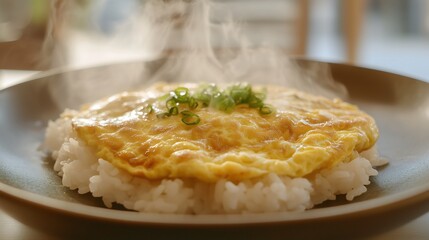 steaming rice with a fluffy golden omelet on a ceramic plate. The omelet has slightly crispy edges and a soft texture in the center. It is garnished with chopped spring onions or coriander for color