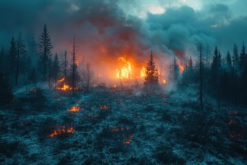 Forest Fire Burning Under A Smoky Sky