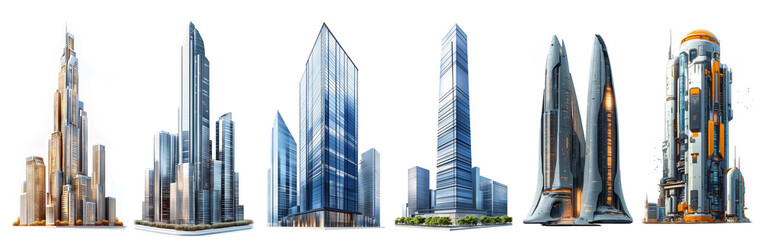 Fototapeta premium Futuristic skyscraper for game cartoon asset isometric icons set. Illustrations of modern tall fantastic building architecture, cartoon 3D vector on white isolated backdrop
