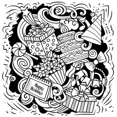 Happy Birthday vector doodles illustration.