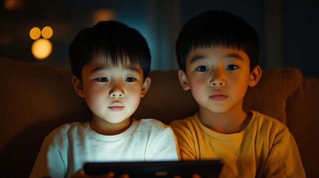 Two Asian siblings enjoy tablet gaming on couch; use warm palette 