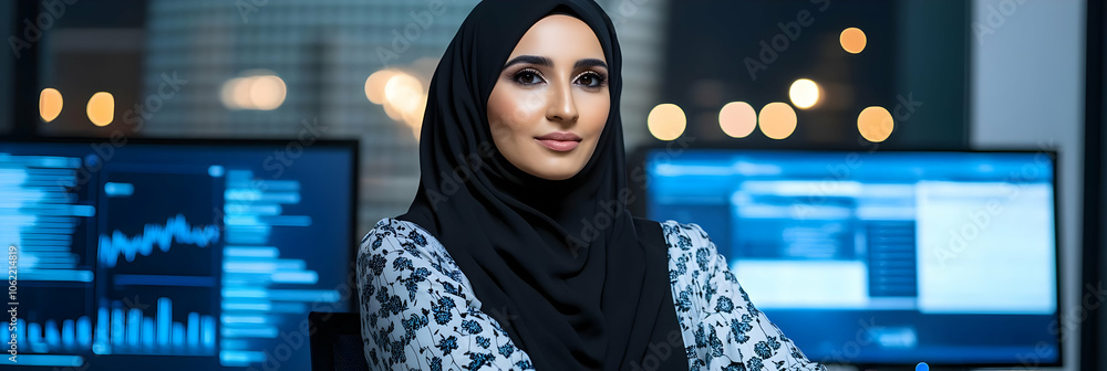 Poster a professional woman in a hijab works in a modern tech environment with computer screens. ai image