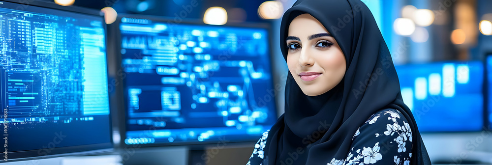Poster a confident woman in a hijab working with technology and data on multiple screens. ai image