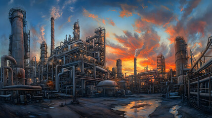 Industrial landscape at sunset, showcasing complex structures and smoke rising into the sky. AI Image