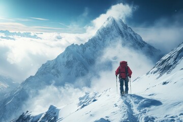 A climber ascends a snowy mountain landscape under stunning blue skies at dawn