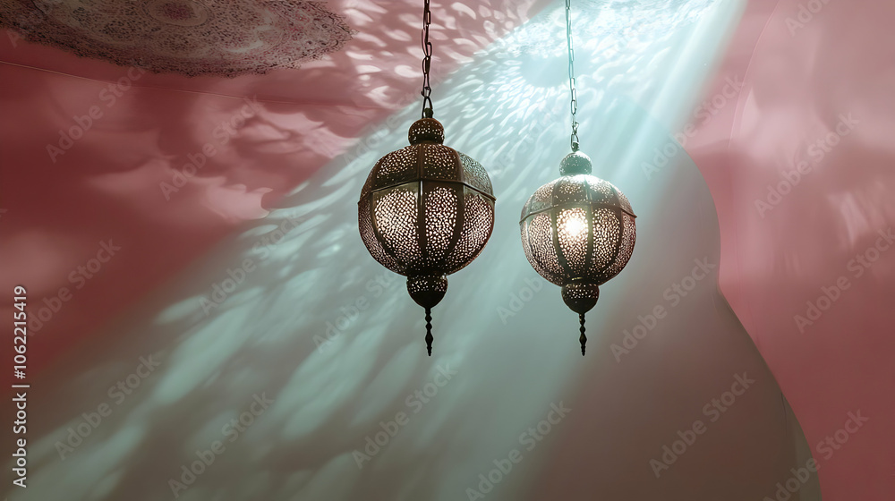 Poster two intricately designed lanterns casting light patterns on a pink wall. ai image