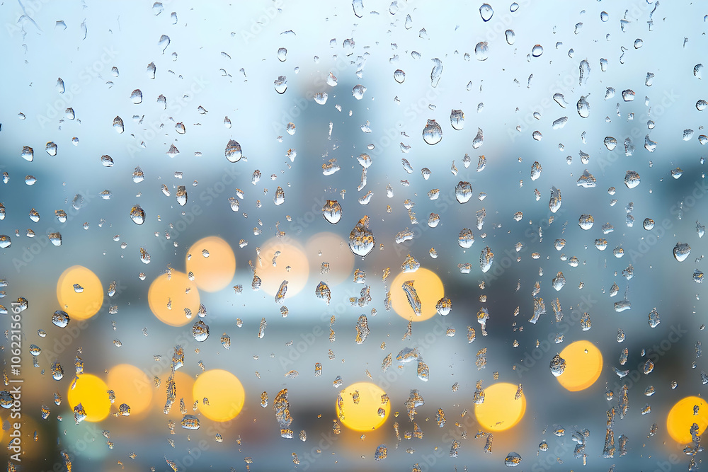 Poster a close-up view of raindrops on a window with blurred city lights in the background. ai image
